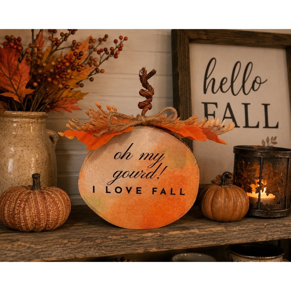 Handmade Oh My Gourd I Love Fall Wood Slice Pumpkin Sign Rustic Autumn Decor